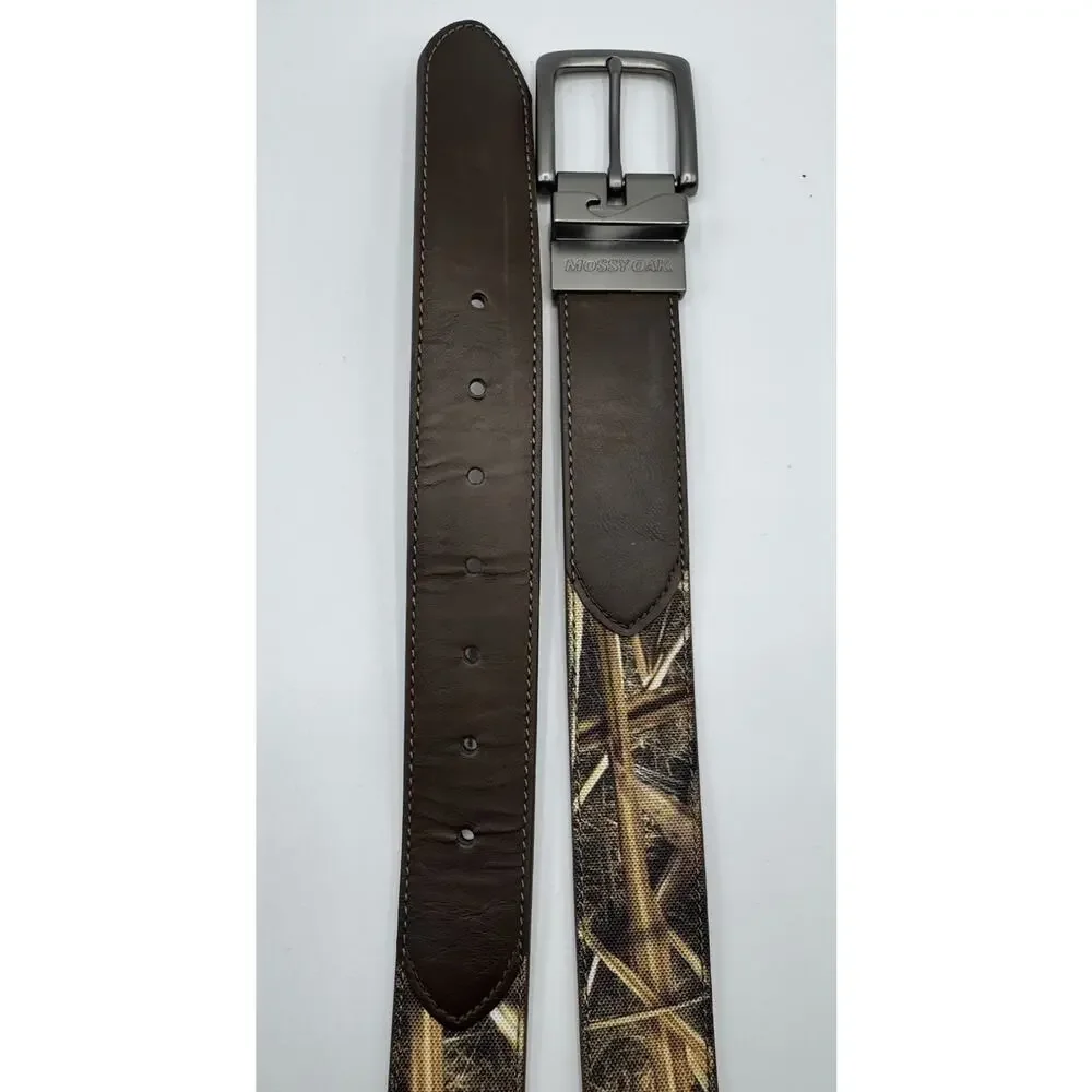 Men’s Mossy Oak Medium 34-36 Brown Black Leather Camo Canvas Reversible Belt